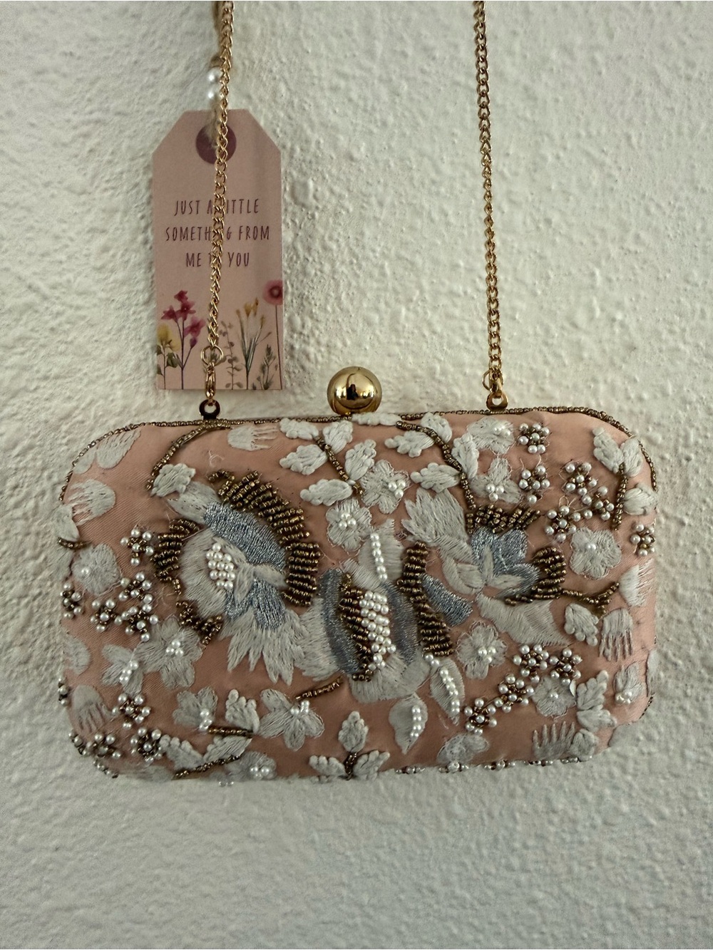 Badgley Mischka “Jewel” Blush Pink Embroidered Beaded Clutch with Gold Chain